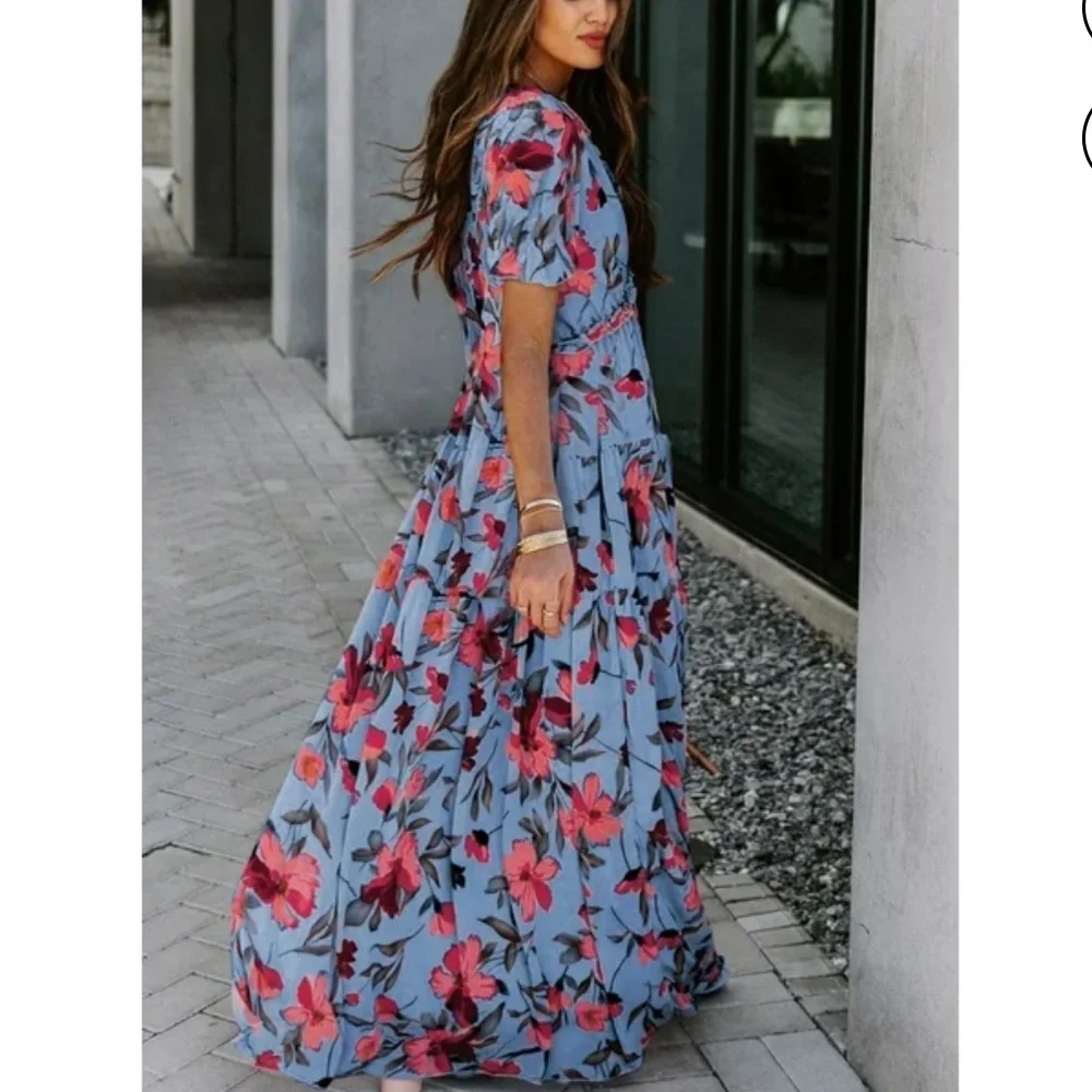 Elegant Floral Maxi Dress in Blue and Red - Picture 2 of 7